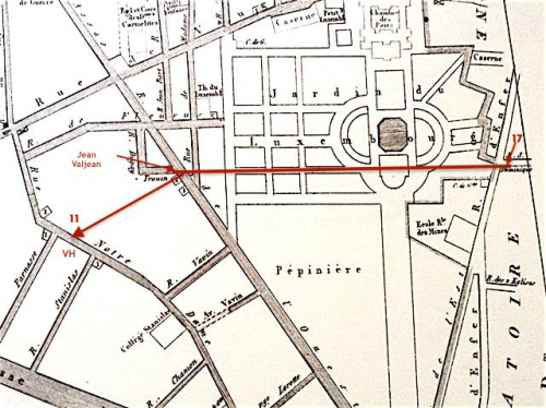 Adresse de Jean Valjean, rue de l’Ouest Fausse adresse 17, rue Saint-Dominique d’Enfer ; Adresse de Victor Hugo, 11, rue Notre-Dame-des-Champs