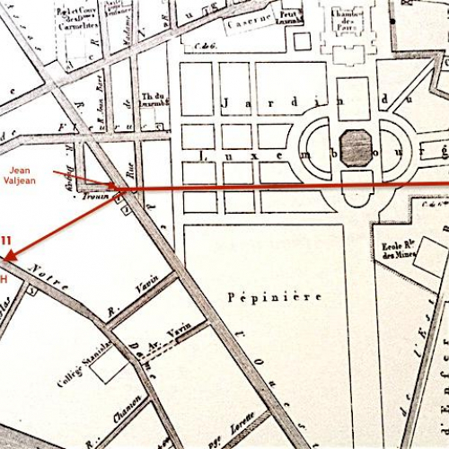 Adresse de Jean Valjean, rue de l’Ouest Fausse adresse 17, rue Saint-Dominique d’Enfer ; Adresse de Victor Hugo, 11, rue Notre-Dame-des-Champs